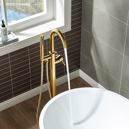 WOODBRIDGE Contemporary Single Handle Floor Mount Freestanding Tub Filler Faucet with Hand shower in Brushed Gold Finish, F0007BGRD