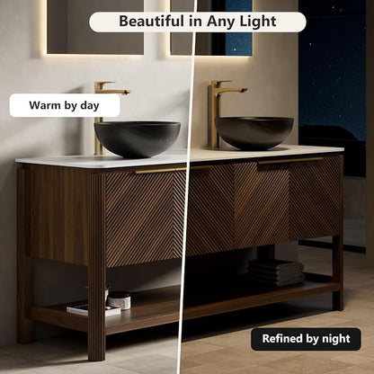 Yayzy 60 Inch Double Sink Bathroom Vanity, Dark Walnut Bathroom Cabinet with Double Black Marble Pattern Vessel Sinks, Carrara White Sintered Stone Countertop, Soft Close Doors, Open Storage Shelf