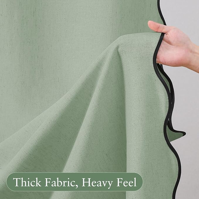 Linen Scallop Shower Curtain with 12 Hooks, Waterproof, 72x72, Sage Green | Waterproof Heavy Duty Thick Fabric with Black Border, Neutral Boho Farmhouse Bathtub Shower Curtain