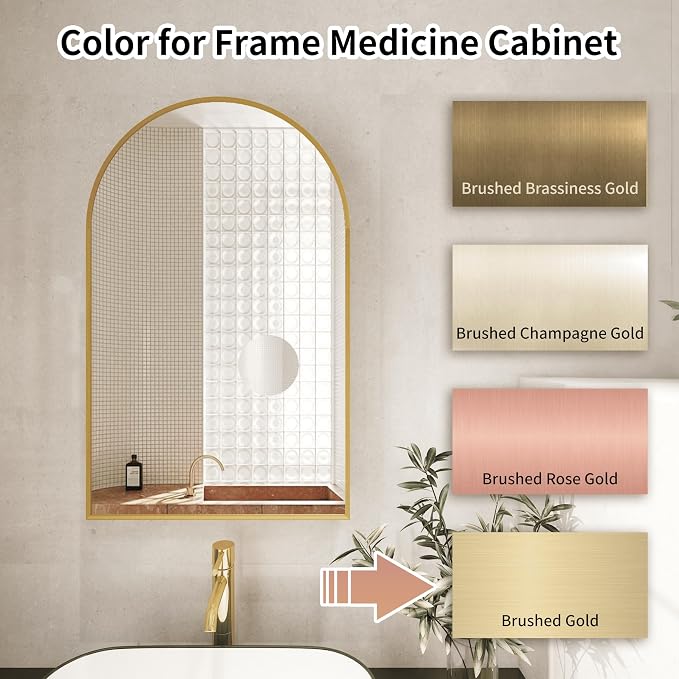 FKWin Medicine Cabinet Mirror, Surface Mount for Small Bathroom, 20x32 Inch | Mirror Medicine Cabinet, Large Storage, Adjustable Shelves, Reversible Door, Space-Saving Design for Small Bathroom, Gold