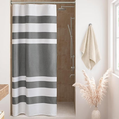 Madison Park Spa Waffle Weave Stall Shower Curtain, 36 x 72, Charcoal | Striped, Pieced Fabric Design, 3M Scotchgard Moisture Management, Hotel Quality, Modern, for Bathroom, OEKO-TEX Certified