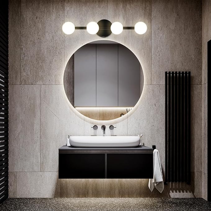 Lightdot 4 Light Bathroom Vanity Light, 26" Modern Black Vanity Lights with Globe Water/Shatterproof PC Lampshade, Rust-Proof Bathroom Light Fixtures Over Mirror for Kitchen Hallway Cabinet Porch