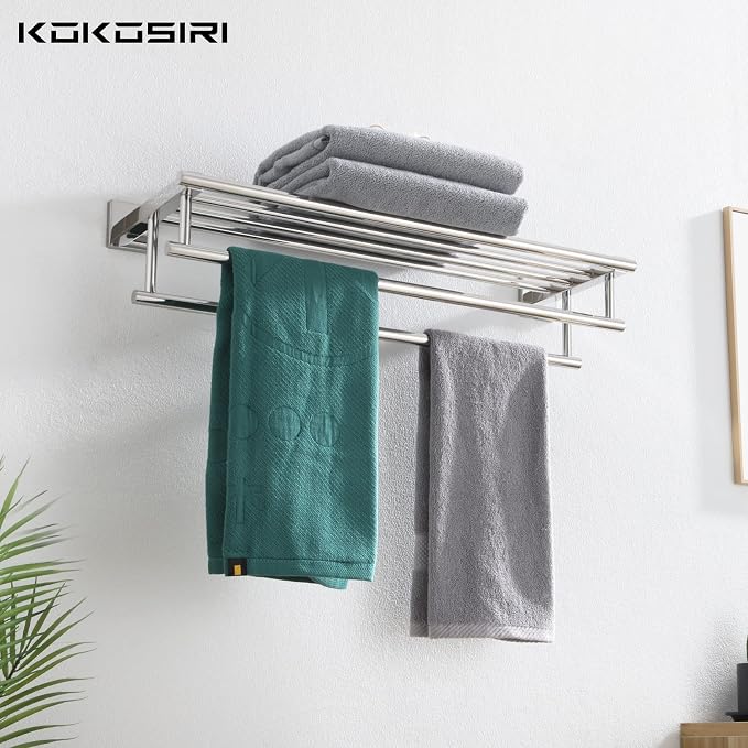 KOKOSIRI Bath Towel Rail Bathroom Towel Rack Towel Holder 24 Inch Towel Shelf with Double Towel Bars Wall Mounted SUS 304 Stainless Steel, Polished Chrome, B6005CH-L24