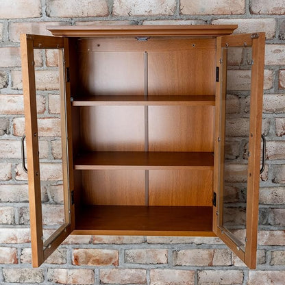 Teamson Home Avery Wooden Over The Toilet Bathroom Removable Wall Medicine Cabinet with 2 Adjustable Shelves 3 Storage Spaces 2 Glass-Paneled Doors and Antique Brass Knobs, Oiled Oak | Glass Paneled Doors, 2 Adjustable Shelves, Antique Brass Knobs, Med...