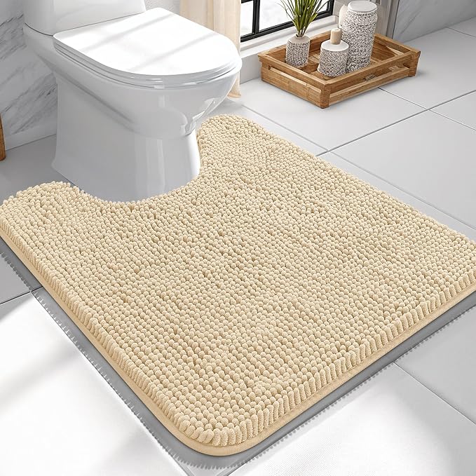 OLANLY Toilet Rugs U-Shaped 24x24, Soft Absorbent Chenille Contour Rugs | Beige, Quick-Drying Rubber Backing, Machine Washable Non-Slip Shaggy Bathroom Mat for Toilet, Home Decor Accessories