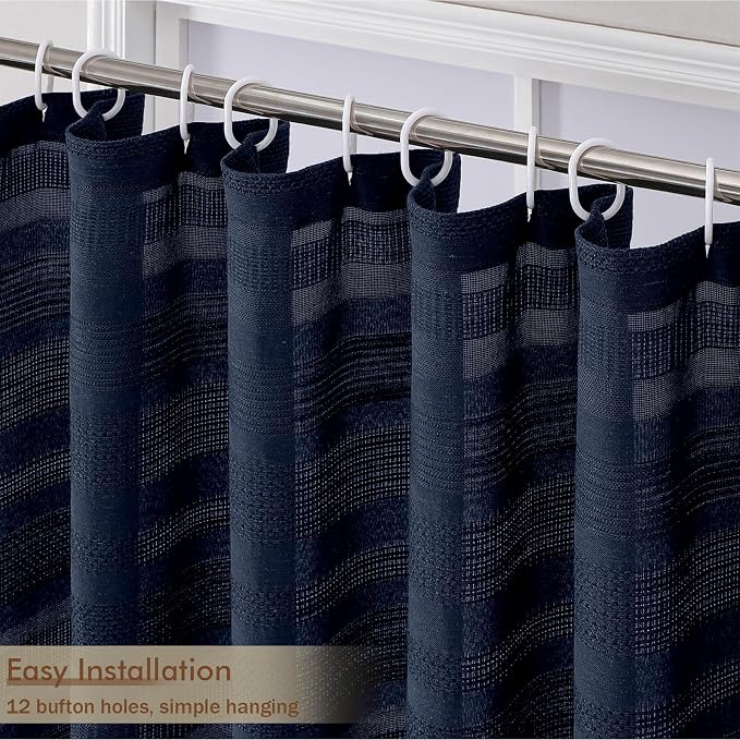Navy Blue Shower Curtain 78 Inch Long, Boho Farmhouse Thick Linen Textured Fabric Shower Curtain with Tassel, Minimalist Striped Weighted Machine Washable Bathroom Decor, 72Wx78L Inches