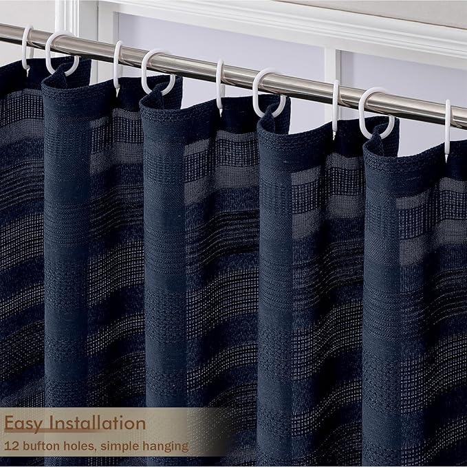 Extra Long Navy Blue Shower Curtain 96 Inch Long, Boho Linen Textured Soft Fabric Heavy Duty Cloth Bathroom Shower Curtain with Tassel, Tall Farmhouse Luxury Bath Decor, 72Wx96L Inches