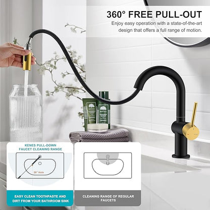 KENES Black and Gold Pull Down Bathroom Faucet 1 Hole, Single Handle Bathroom Sink Faucet with Pull Out Sprayer, Vanity Faucet with Pop Up Drain & Deck Plate, KE-9065B-BG