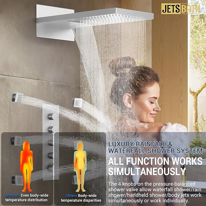 Luxury Thermostatic Rain & Waterfall Shower System with 22” Rain Shower Head & 6 Body Jets, Wall Mounted Shower Faucet Sets with Handheld Sprayer, 3/4” Inlet Thermostatic Valve