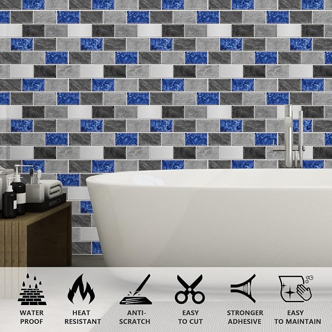 URCOLOR 10-Sheet Peel and Stick Backsplash Tiles Subway for Kitchen,12"x12" Self Adhesive Wall Tile Sticker on Back Splashes for Bathroom Grey Blue Marble Design