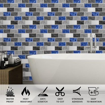 URCOLOR 10-Sheet Peel and Stick Backsplash Tiles Subway for Kitchen,12"x12" Self Adhesive Wall Tile Sticker on Back Splashes for Bathroom Grey Blue Marble Design