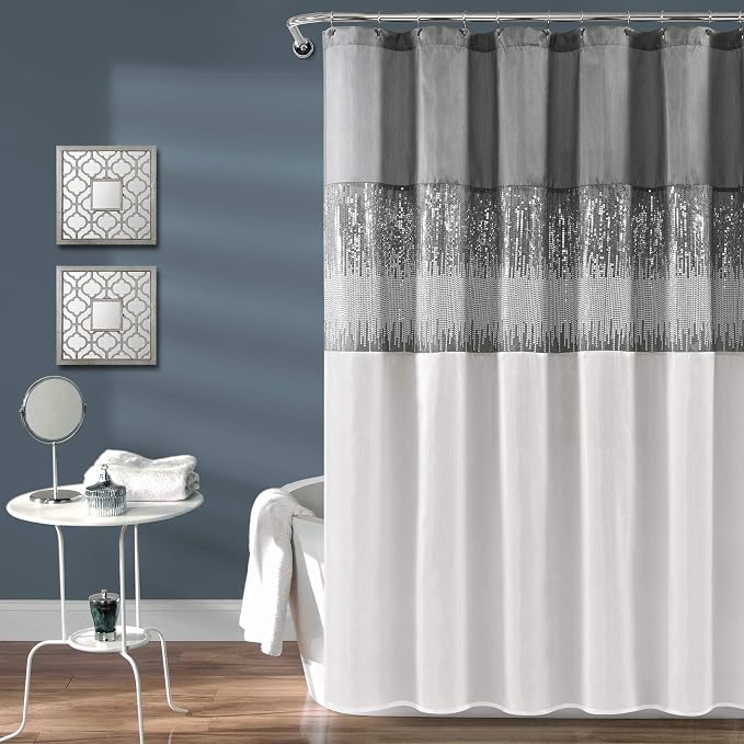 Lush Decor Night Sky Shower Curtain, Single, 72" W x 72" L, Gray & White - Sequin Shower Curtain - Sparkly Color Block Bath Curtain - Modern Glam Bathroom Decor
