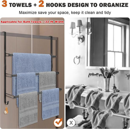 Livabber 3-Tier Over The Door Towel Rack, All Metal Towel Rack with Hooks for Door Hanging, Behind Door Towel Bar Towel Storage Holder for Bathroom Accessories, Black (22.8" L x 5.9" W x 24.4" H)