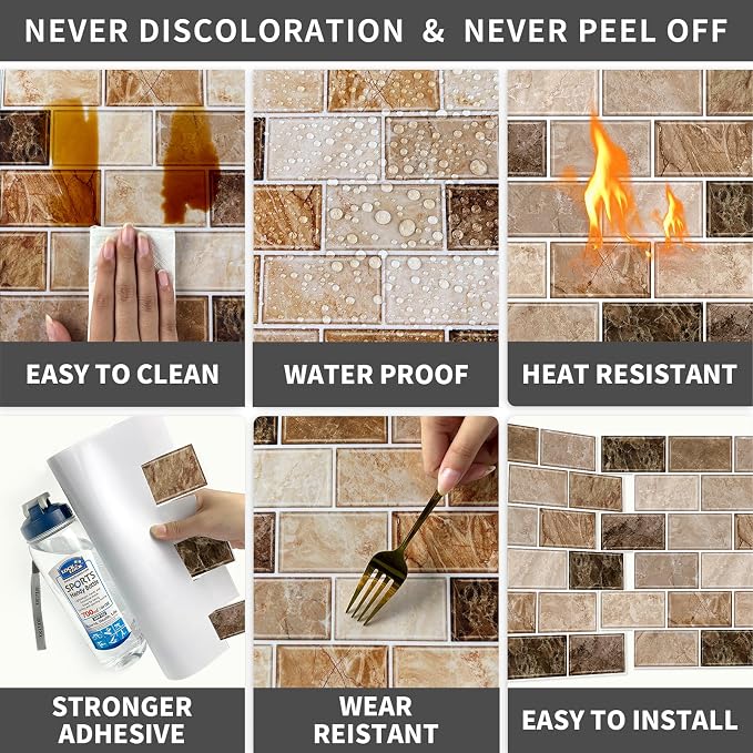 URCOLOR 10-Sheet Peel and Stick Backsplash Subway Tile for Kitchen,12"x12" Self Adhesive Wall Tiles Sticker on Back Splashes for Bathroom Brown Marble Design