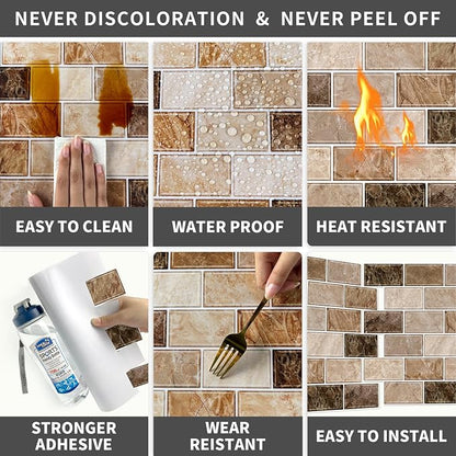 URCOLOR 10-Sheet Peel and Stick Backsplash Subway Tile for Kitchen,12"x12" Self Adhesive Wall Tiles Sticker on Back Splashes for Bathroom Brown Marble Design