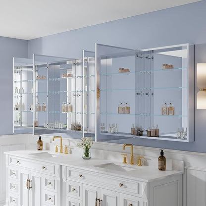 104" x 36" Bathroom Medicine Cabinet with Mirror, Anodized Chrome Aluminum Frame, Surface Mount or Recessed Medicine Cabinet with Mirror, Bathroom Mirror with Storage, Five Doors