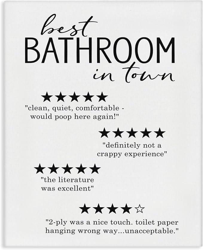Funny Bathroom Five Star Reviews, 36 x 48 Inch Canvas Wall Art | Stupell Industries · By Lettered and Lined · Ready to hang · Great gift for bathroom decor · Made in USA