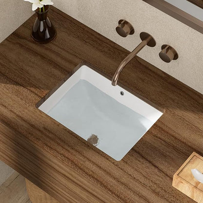 Undermount Bathroom Sink 18x14 Inch White Rectangle Porcelain Vessel Sinks with Curves Bottom Deep Basin with Overflow Lavatory Vanity Sink Mounted Under the Counter