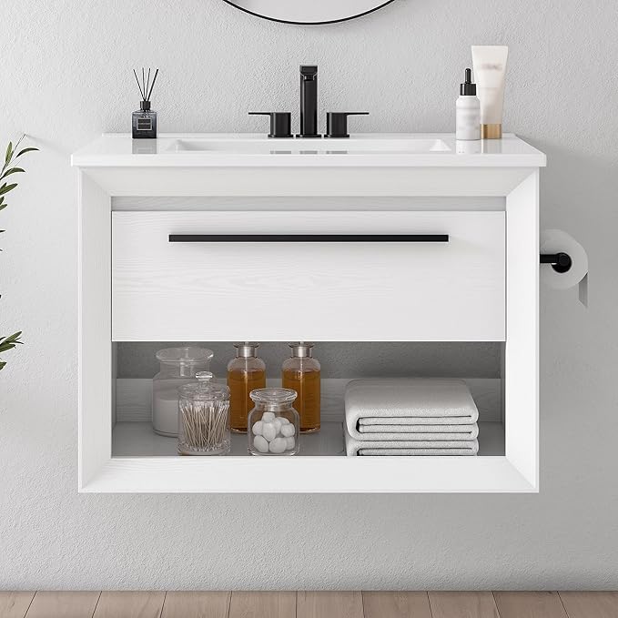 IRONCK 30" Bathroom Vanity with Sink, Wall Mounted Bathroom Vanity with 1 Drawer ＆ 1 Open Shelf, Modern Floating Bathroom Sink Cabinet with Undermount Ceramic Sink, Easy Assembly, White