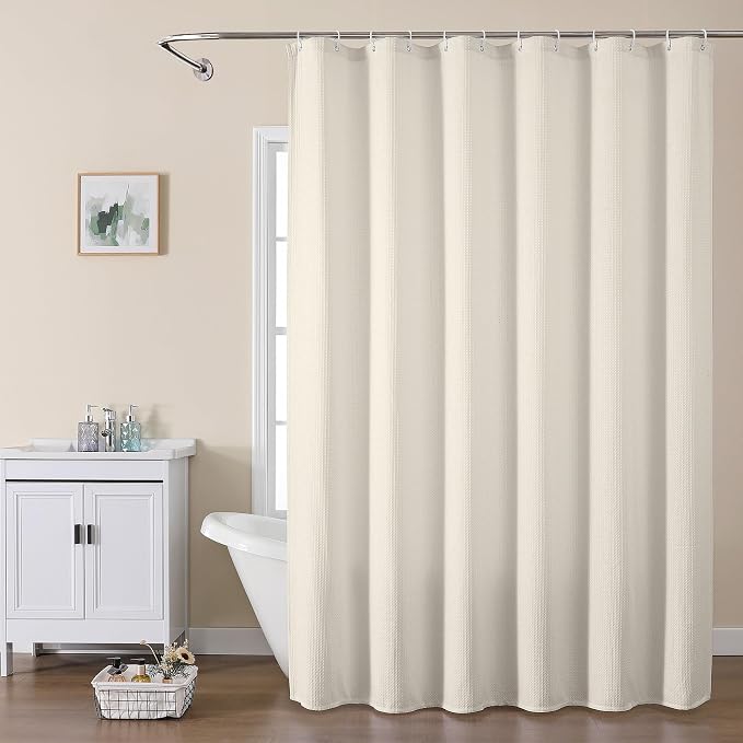 Long Fabric Shower Curtain Set, Waffle Textured Shower Curtain for Bathroom - Weight 230GSM Heavy Duty Hotel Spa Luxury Bath Curtain Set with 12 Plastic Hooks, 72x78, Cream