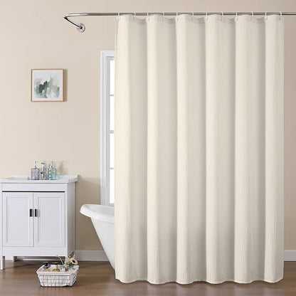Long Fabric Shower Curtain Set, Waffle Textured Shower Curtain for Bathroom - Weight 230GSM Heavy Duty Hotel Spa Luxury Bath Curtain Set with 12 Plastic Hooks, 72x78, Cream