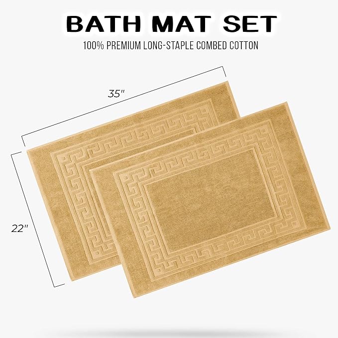 Superior Heavyweight Cotton Bath Mats, Bath Rugs For Bathroom Accessories, Washable Rug For Shower, Bath, Toilet, Modern Decor, No Backing, Luxury Hotel And Spa Quality, Set of 2, 22" x 35", Gold