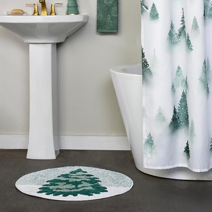 SKL Home Christmas Winter Pines Bath Rug, 25" x 25", Green | Ultra-plush & absorbent. Anti-slip Latex backing. Great for the bathroom, kitchen & lodge/cabin décor. Machine washable.