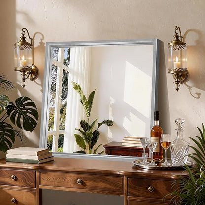 CIRCUMI 30"x30" Brushed Silver Bathroom Mirror, Square Mirror for Vanity | Chunky Box Metal Frame, Shatterproof, Tempered Glass, Bathroom Remodel&New Home,Wall Mirror for Over Sink,Living Room,Hallway