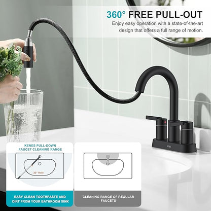 KENES Matte Black Centerset Bathroom Faucet with Pull Out Sprayer, 4 Inch 2 Handle Pull Down Bathroom Faucet 3 Hole, Bathroom Sink Faucet with Pop Up Drain & Supply Lines LJ-9069-2