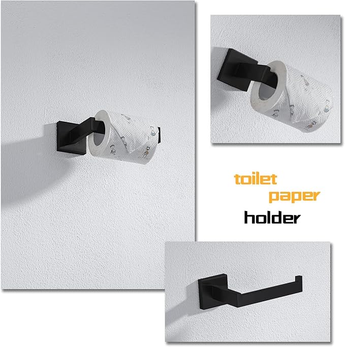 4-Piece Bathroom Hardware Set, Towel Rack Towel Bar Towel Holder Toilet Paper Holder Matte Black Towel Hooks Modern Square Stainless Steel Wall Mounted Bathroom Accessories Set, 23inch