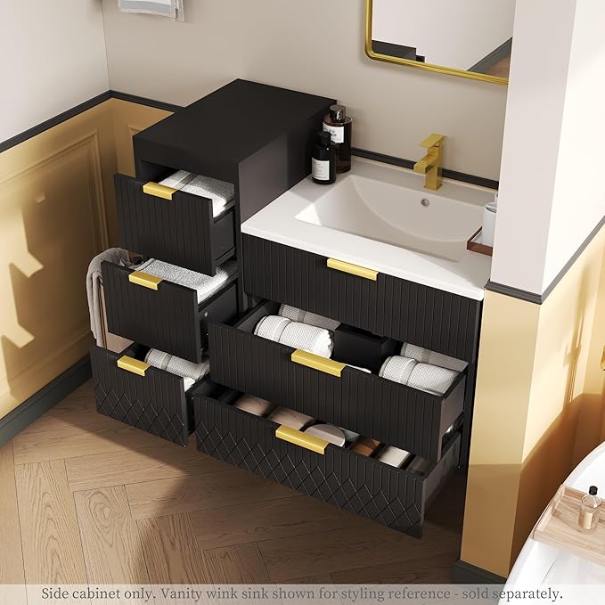 12 Inch Floating Bathroom Side Cabinet, Wall Mounted Bathroom Storage Cabinet with 3 Drawers, Modern Slim Organizer with Decor Line, Gold Metal Pulls