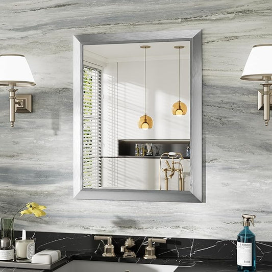 24x30 Inch Brushed Silver Bathroom Mirror for Wall, Thick Metal Framed Rectangle Mirrors for Over Sink, Bedroom, Living Room, Entryway, Anti-Rust, HD Tempered Glass