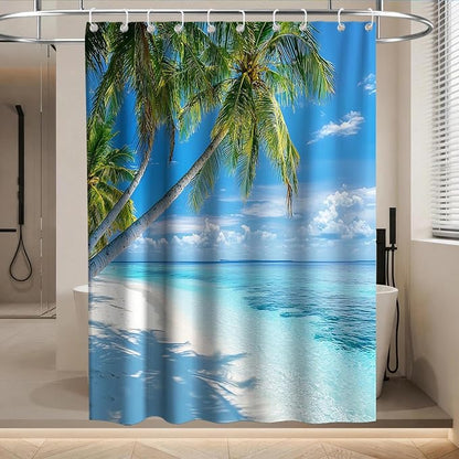 Beach Modern Ocean Shower Curtain Summer Coastal Tropical Palm Tree Trendy | Nature Shower Curtains for Bathroom, Waterproof Bath Curtain with Hooks Machine Washable Bathtub Curtains 60x72 Inch Green