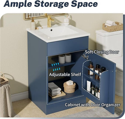 Christopher Knight Home Vanes Wood Frame 20" Bathroom Vanity with Ceramic Sink, Cabinet with Soft-Closing Door Shelf and Adjustable Shelf, Open Back, Metal Hardware, Storage/Organizer, Blue