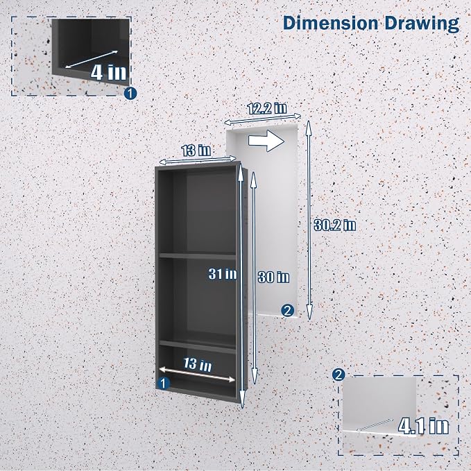 30 x 12 Inch Shower Niche, Matte Black Stainless Steel Recessed Wall Niche, No Tile Needed Built-in Shower Shelf, 3-Tier Bathroom Storage Organizer, Waterproof Rustproof