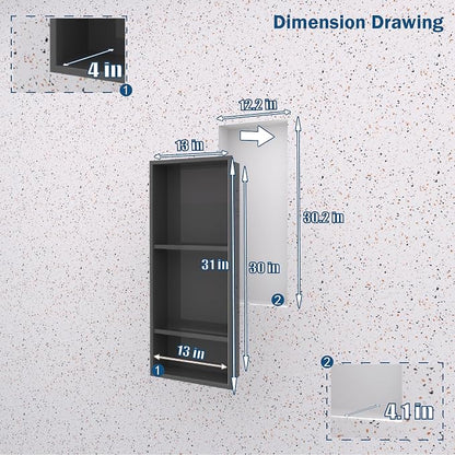 30 x 12 Inch Shower Niche, Matte Black Stainless Steel Recessed Wall Niche, No Tile Needed Built-in Shower Shelf, 3-Tier Bathroom Storage Organizer, Waterproof Rustproof