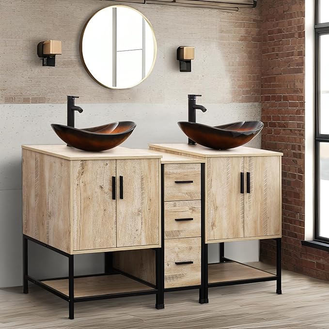 UEV Rustic Oak 60" Double Bathroom Vanity with Sink Combo,Industrial Iron Frame 2 Main Bathroom Vanity with Middle 3 Drawers Cabinet,Modern Brown Boat Tempered Glass Vessel Sink(029BR)