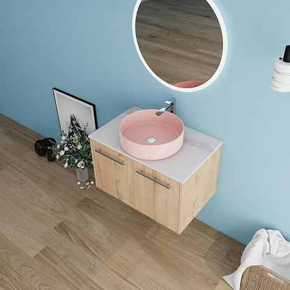 30" Floating Vanity with Sink, 30 Inch Bathroom Vanity with Sink, Modern Plywood Floating Cabinet with Sintered Stone Countertop and Pink Ceramic Basin, Soft Close Doors