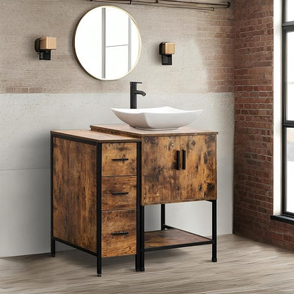 UEV 36" Rustic Brown Bathroom Vanity with Sink Combo,Industrial Iron Frame Bathroom Cabinet Sets with 3 Drawers Side Cabinet,Modern Artistic Ceramic Vessel Sink(032WH)