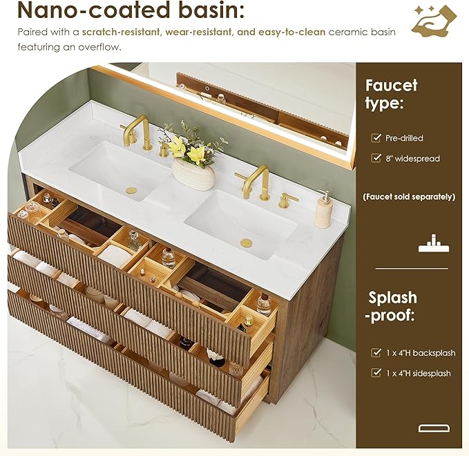 ALTAIR 60 In Bathroom Vanities Double Sink Vanity with Ceramic Countertop Backsplash Sidesplash Mordern Large Storge Cabinet Pre-Assembled Bath Fixtures Brown
