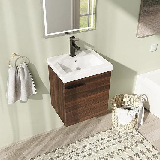 18" Bathroom Vanity with Sink, 18 Inch Floating Bathroom Vanity for Small Space, Modern Bathroom Vanity, Brown Wall Mounted Cabinet Set（017）