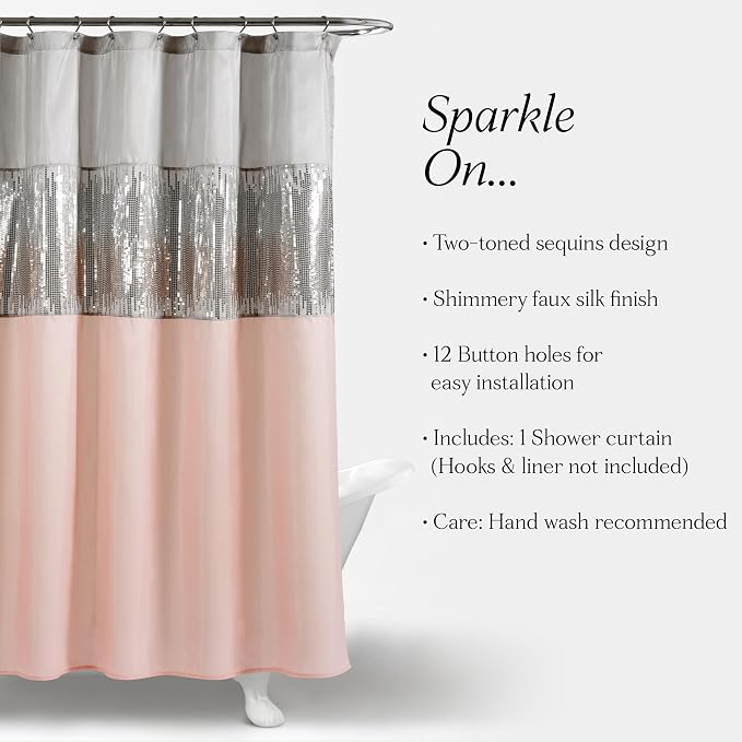 Lush Decor Night Sky Shower Curtain, Single, 72" W x 72" L, Gray & Blush - Sequin Shower Curtain - Sparkly Color Block Bath Curtain - Modern Glam Bathroom Decor