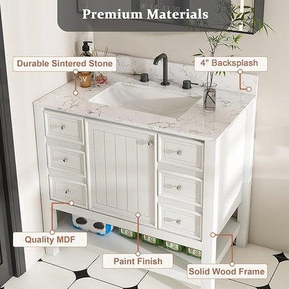 Montary 36" Bathroom Vanity with 37" Artificial Marble Carrara White Top, Modern Stylish MDF Bathroom Storage Cabinet, Freestanding Vanity Set with One Cabinet & 3 Drawers, White (Three Holes)