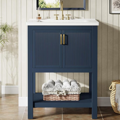 Tribesigns 24" Modern Bathroom Vanity with Sink, Solid Wooden Frame Freestanding Bathroom Vanities Cabinet Combo, Bathroom Sink Cabinet with 2 Doors and 1 Drawer, Navy Blue