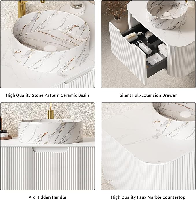 Yayzy 36" Floating Bathroom Vanity with Sink, Solid Wood Fluted Cabinet, White Marble-Patterned Ceramic Basin & Faux Marble Top, Soft-Close Drawer, Pre-Assembled, White