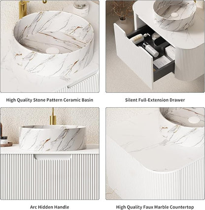 Yayzy 30" Floating Bathroom Vanity with Sink, Solid Wood Fluted Cabinet, White Marble-Patterned Ceramic Basin & Faux Marble Top, Soft-Close Drawer, Pre-Assembled, White