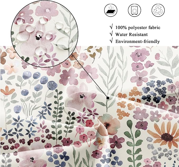 Extra Long Cute Boho Wildflower Watercolor Kids Bathroom Shower Curtain Set | 72"W x 84"H Leaves Girls; waterproof HD print, quick-dry fabric with 12 hooks for easy hanging.