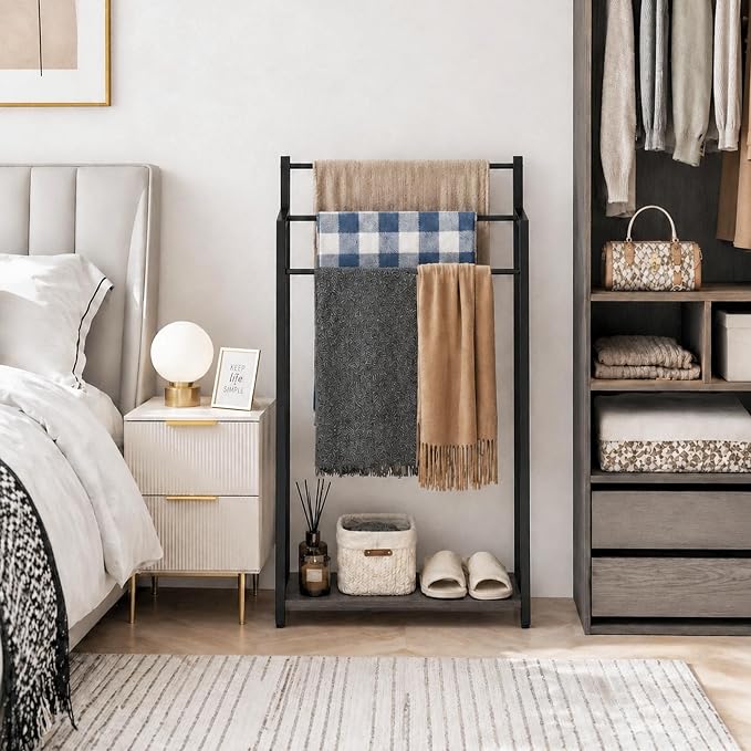 16.9" W Freestanding Towel Rack with Oak Grey Wood Shelf | 3 Tier Blanket Ladder Stand for Bathroom Living Room, Metal Frame,31.5"H x 16.9"W x7.9"D