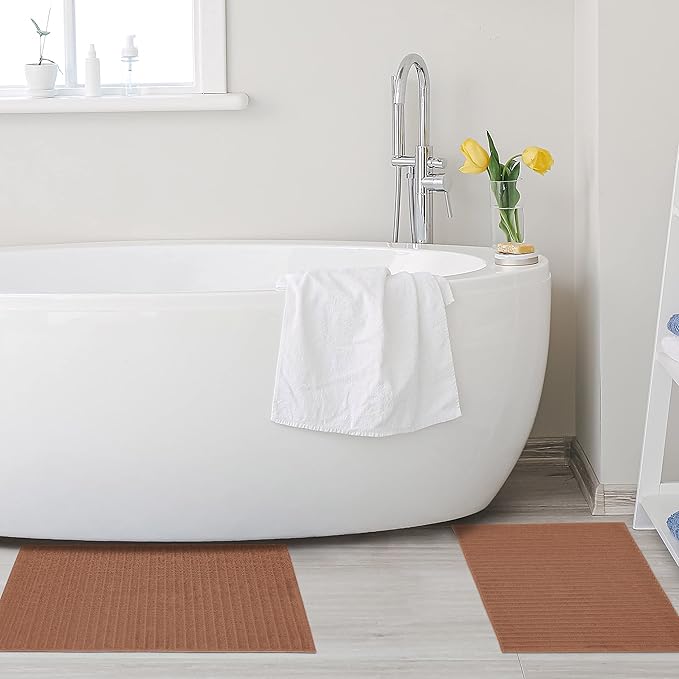 Superior Striped Bath Mat 2-Pack, 100% Combed Cotton, Luxury Spa Ribbed Texture, Durable and Washable Bathroom Mats - Brown, 22" x 35" each