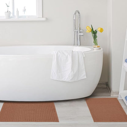 Superior Striped Bath Mat 2-Pack, 100% Combed Cotton, Luxury Spa Ribbed Texture, Durable and Washable Bathroom Mats - Brown, 22" x 35" each